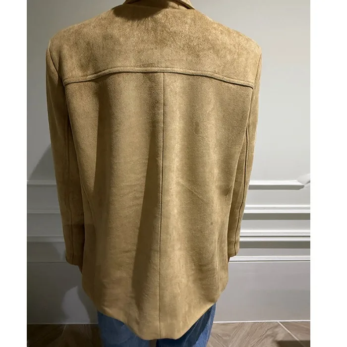 

Women's Chic Korean Sle Suede Vest Coat Loose Suit Collar Long Sve Autumn Winter Faionable Casual Lapel Outerwear