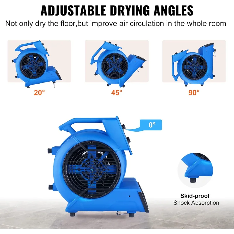 محرك الهواء VEVOR، 1/2 حصان 2600 CFM مجفف السجاد للتبريد والتهوية، مروحة نفخ أرضية محمولة مع 4 زوايا نفخ