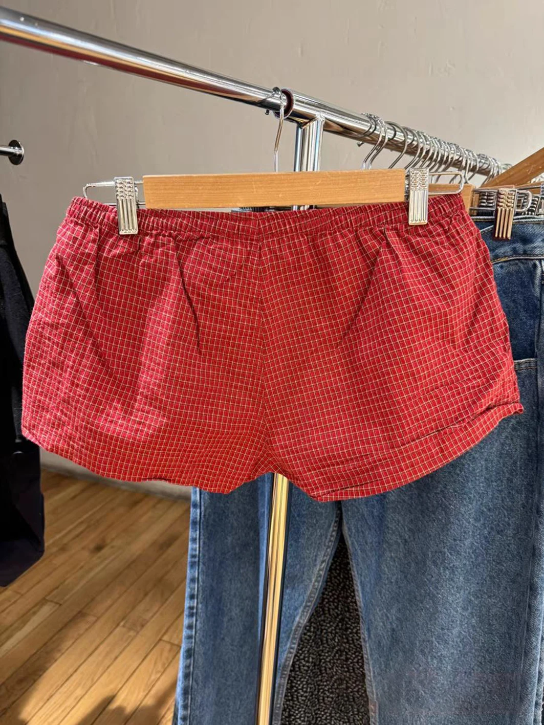 Red Plaid Straight Shorts Women Summer Elastic Waist Buttons Casual Sweet Short Pant Cotton Y2k Pants Vintage Home Underwear