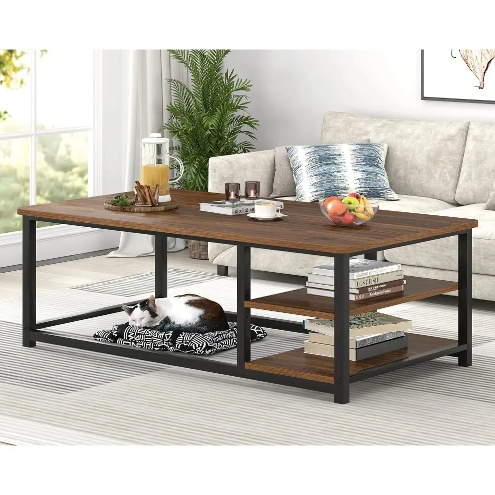 Mesa de centro moderna, mesa central rústica de madeira e metal para sala de estar, mesa de chá retangular industrial com armazenamento S