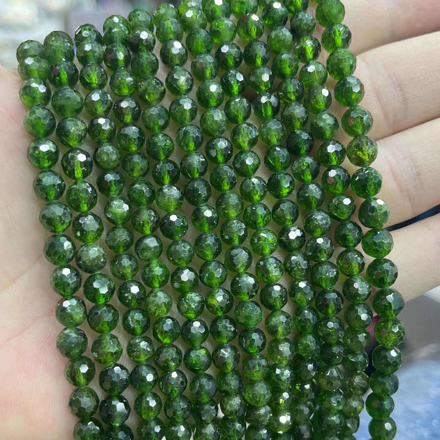 Natural Diopside Alalite Gemstone High Quality Green Crystal Faceted Round Loose Beads