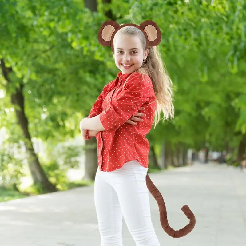 Monkey Costumes Set Animal Ears and Tail Set Monkey Fancy Dress Accessories Plush Ears Headband Halloween Cosplay Props