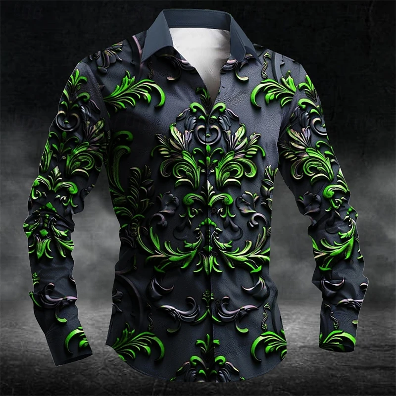 Fashion Relief Sculpture Graphic Shirts Trend Spring Autumn 3D Printed Long Sleeve Shirt Loose Streetwear Lapel Mens Clothing