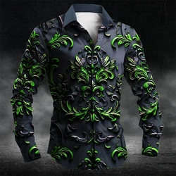 Fashion Relief Sculpture Graphic Shirts Trend Spring Autumn 3D Printed Long Sleeve Shirt Loose Streetwear Lapel Mens Clothing