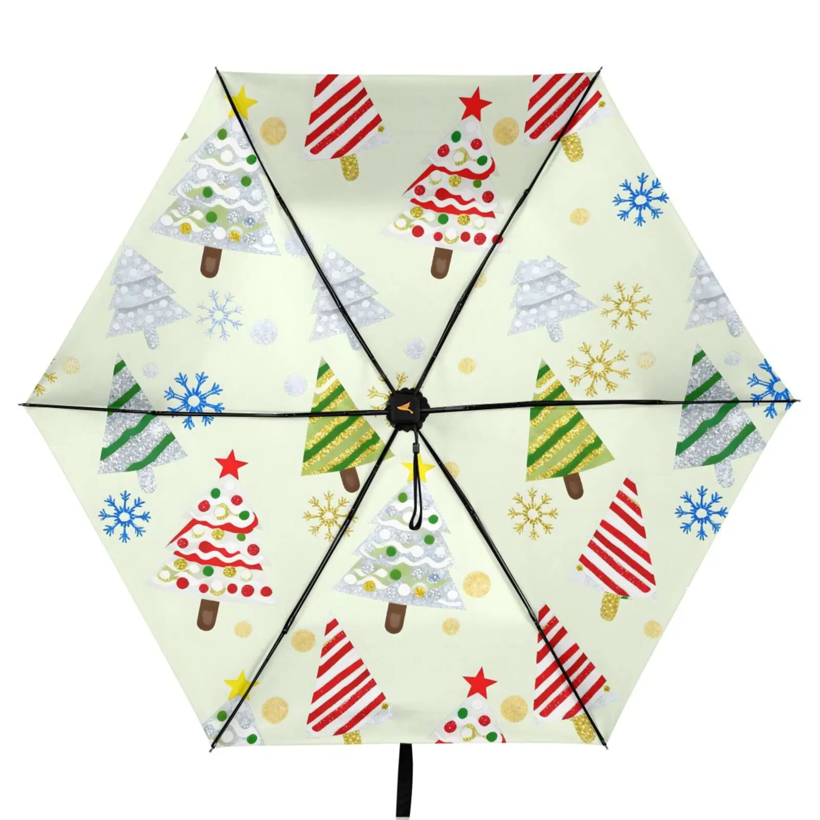 Three Folding Umbrella Parasol Women Anti-UV Sun Protection Umbrella Outside Black Coating 6 Ribs Christmas tree print