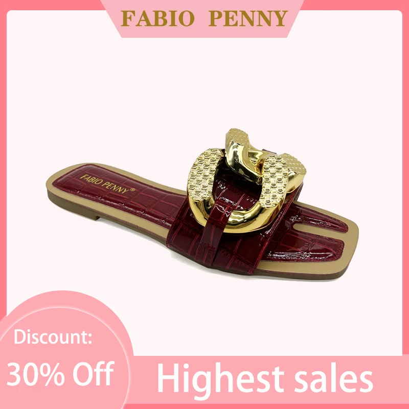 FABIO PENNY Women\'s sandals metal Cross buckle decoration Women\'s slippers summer flat bottom Beach Flip Flops Casual shoes