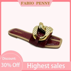 FABIO PENNY Women's sandals metal Cross buckle decoration Women's slippers summer flat bottom Beach Flip Flops Casual shoes