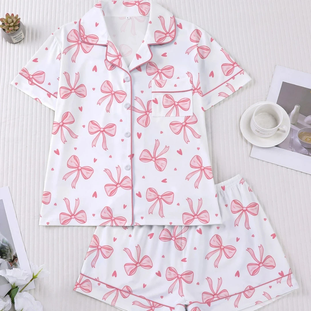 

Белый женский пижамный комплект с пасхальной тематикой, с принтом в полоску и красными бантами, с отложным воротником, короткими рукавами и шортами, домашняя одежда, подарки