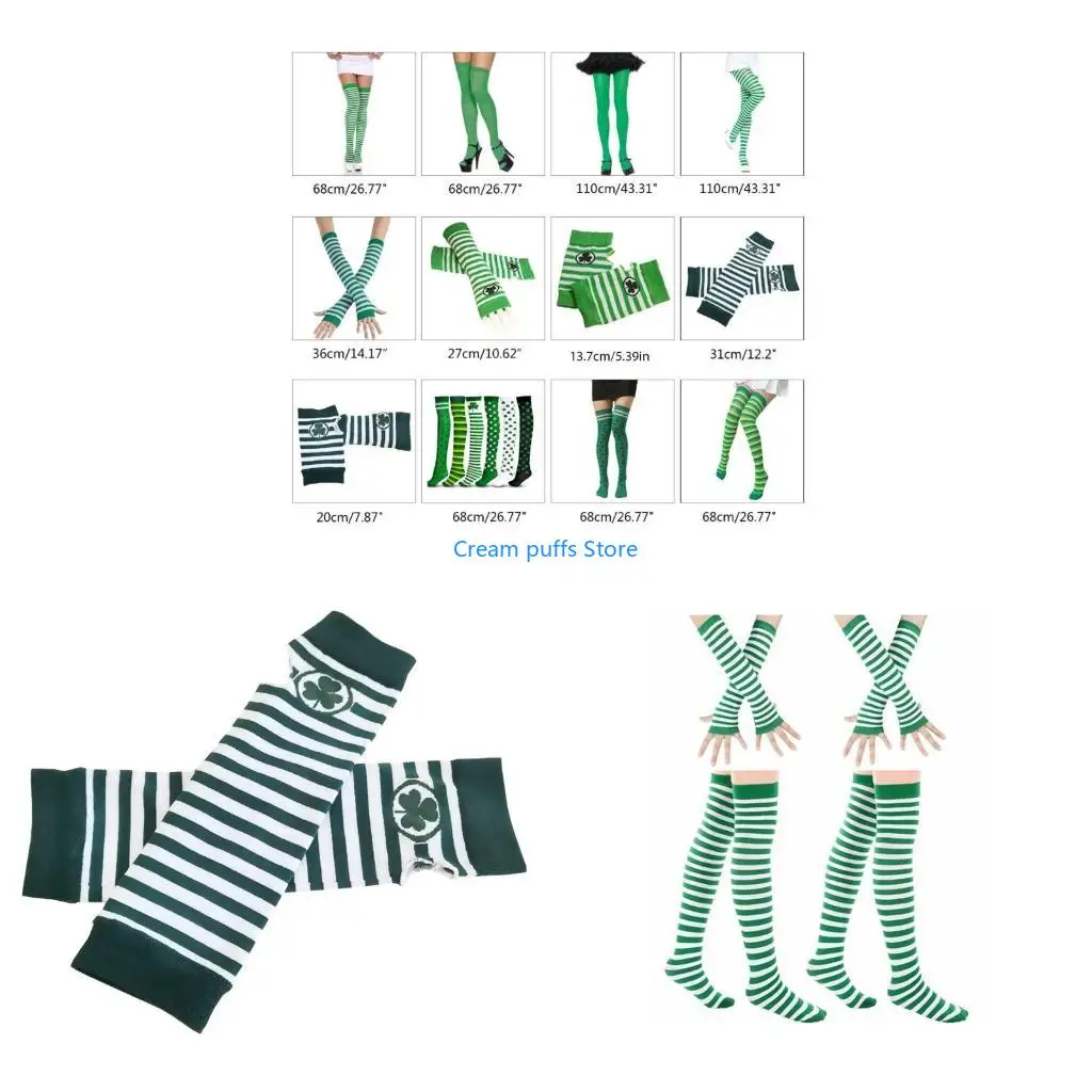 

50LE Patricks Day Thigh High Socks Pantyhose Arm Warmers Gloves White Green Stripe Shamrock Clover Print Irish Party