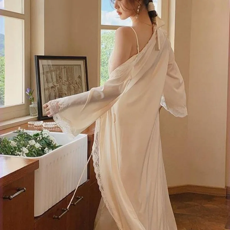 Elegant เซ็กซี่ลูกไม้ยาว Robe Nightgown ชุดฤดูใบไม้ผลิฤดูร้อนซาตินเสื้อคลุมอาบน้ํากิโมโนชุดนอนสไตล์ฝรั่งเศสชุดนอน Loungewear