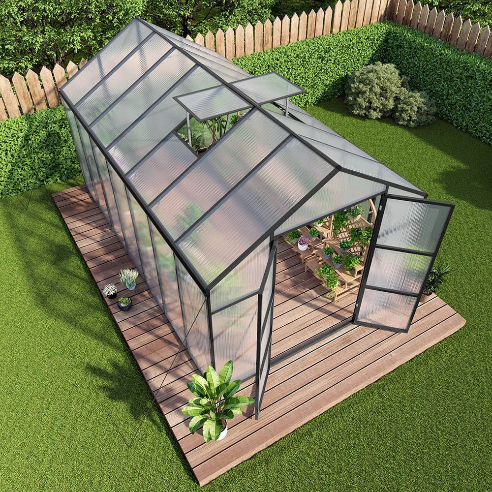 8*14ft Free Ship Polycarbonate Greenhouse with Stronger Wind Protection and Roof Vent,Walk-in Large Aluminum Sunroom