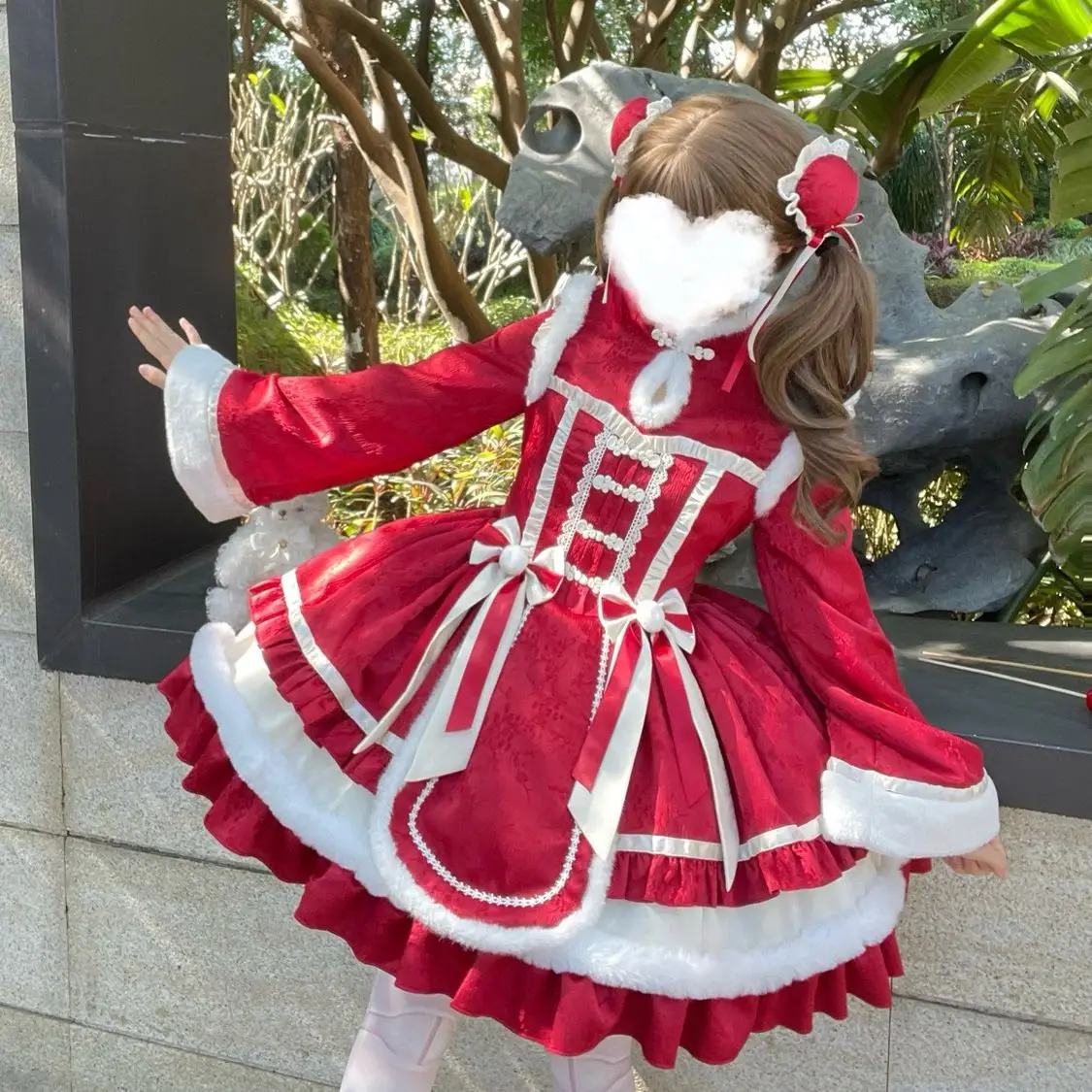 

Оригинальное китайское платье Лолиты в стиле Харадзюку, новогодний халат, зимнее красное розовое платье с длинными рукавами, милый милый костюм для подарка на день рождения для девочек