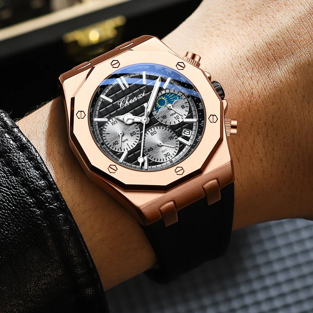 CHENXI Men's Luxury Chronograph Sport Quartz Watch Waterproof Luminous Silicone Strap Fashion Relogio Masculino for Gentlemen