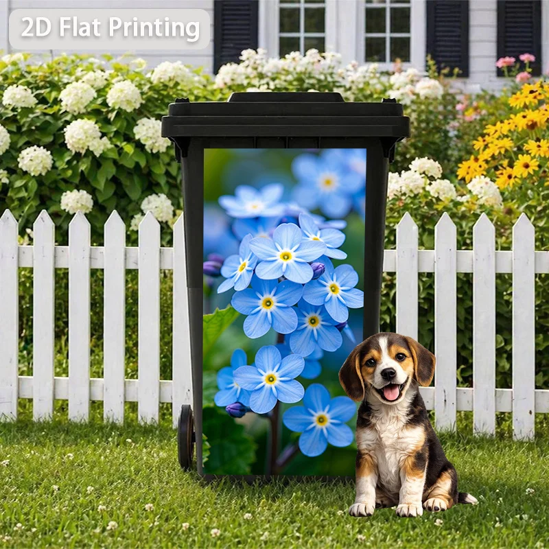 1pc Blue Forget-me-not Flower Themed Trash Can Decal Wall Sticker, Ideal for Outdoor Trash Cans, Walls and Home Decor.