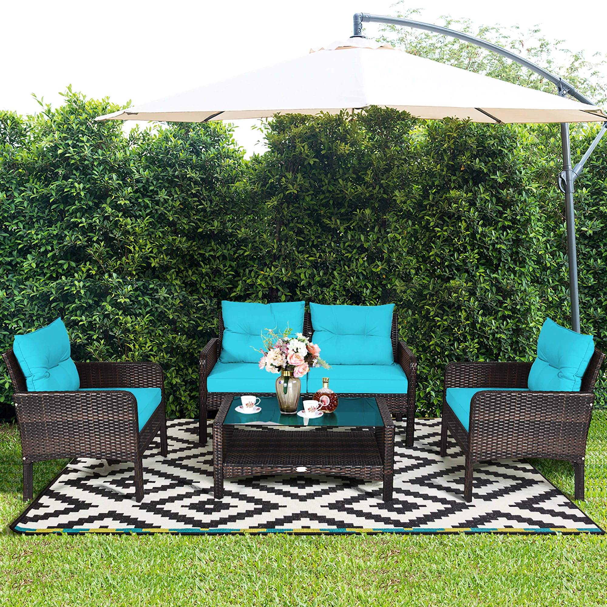 

4PCS Patio Rattan Furniture Set Loveseat Sofa Coffee Table W/Turquoise Cushion