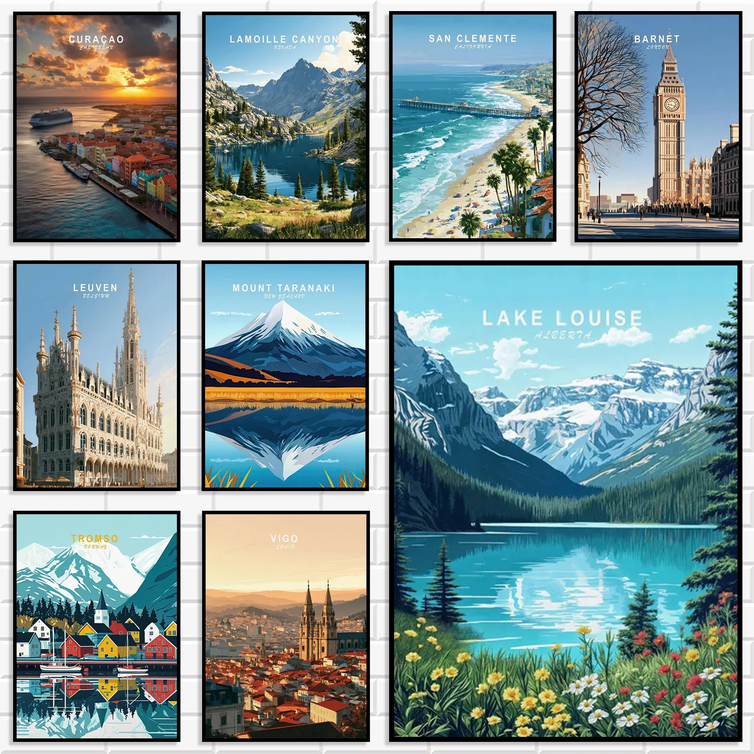 World Travel Poster Canvas Print Lake Louise London Leuven Mountain Lake Coast City Landscape Illustration Wall Art Home Decor