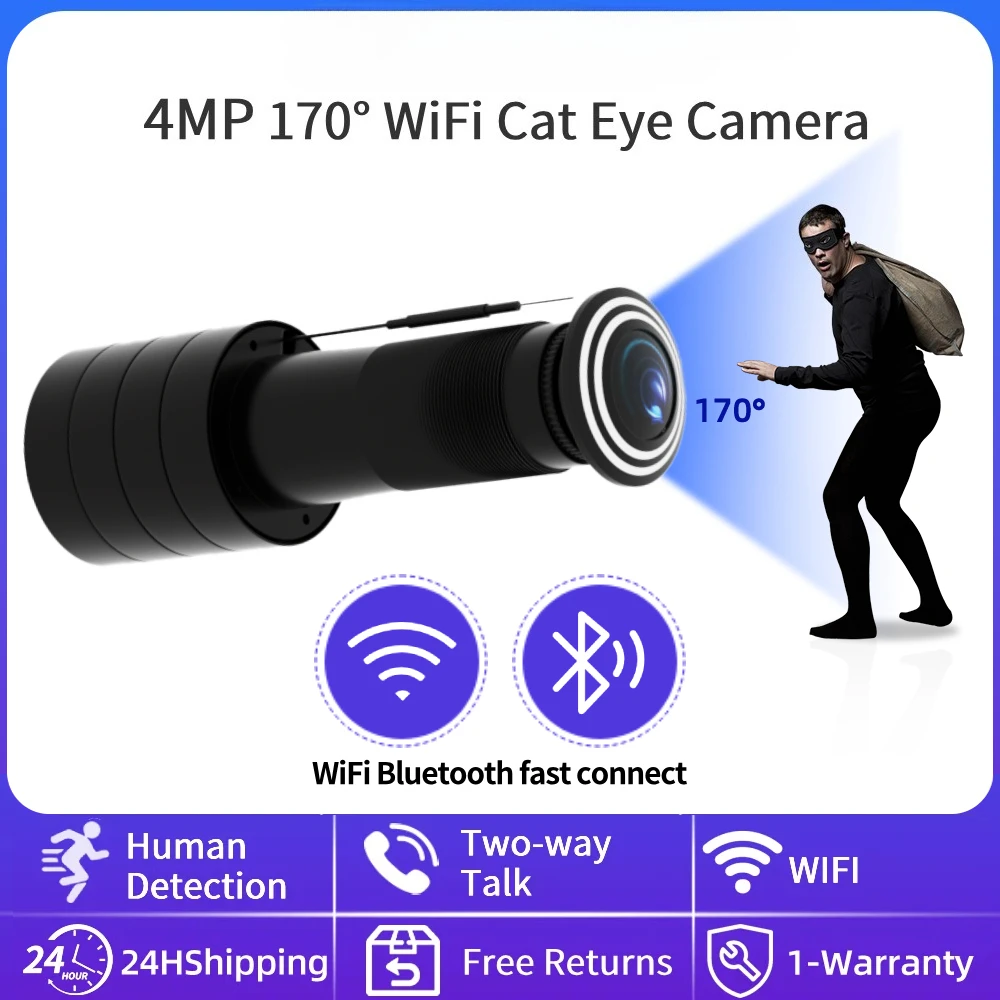170 ° Cámara gran angular con mirilla de vídeo HD de 4MP, WiFi, detección humana, Audio, visor de puerta, vídeo, ojo, cámara inalámbrica tipo ojo de gato ICSEE