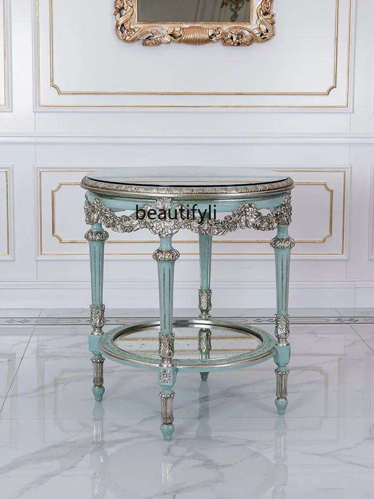 yj Luxury French Heavy Industry Carved Art Painted Corner Table Retro Vintage Double Layer Sofa Side Table