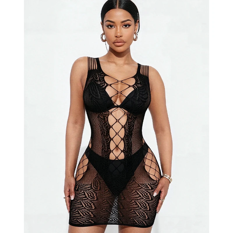 Sexy Mesh Sheer Bodycon Dress - ชุดนอนเซ็กซี่สำหรับผู้หญิง ชุดเดรสบอดี้คอนซีทรู ชุดคอสเพลย์ฮาโลวีน ชุดนอนยืดหยุ่น ชุดนอนซีทรูโปร่งใส