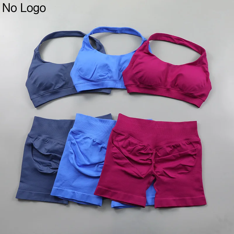 Fitness Shorts Sets Seamless Yoga Set Women 2Pcs Halter Sports Bra Scrunch Butt Gym Shorts Set Workout Clothes Summer Sportswear