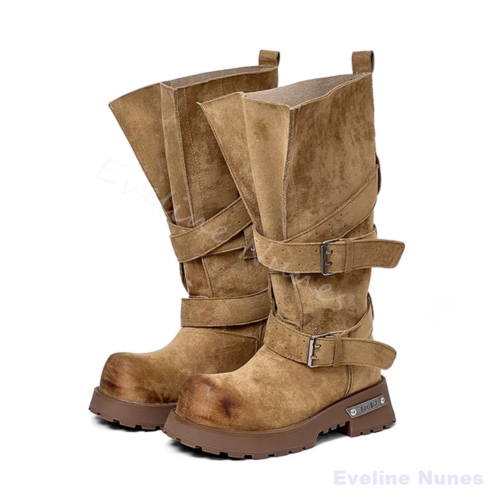 Wide-legged Belt Buckle Thick-soled Motorcycle Boots Women Cow Suede Round Toe Wrinkled Platform Boots New Sexy Knee High Boots