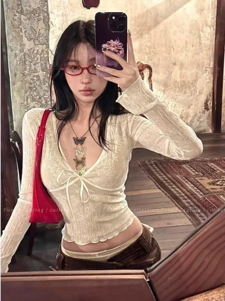 Y2K cute Long Sleeve Crop Tops Coquette Chic Lace-Up T-Shirts Kawaii Square Neck Blouse Slim E-Girls T-Shirt tee tops