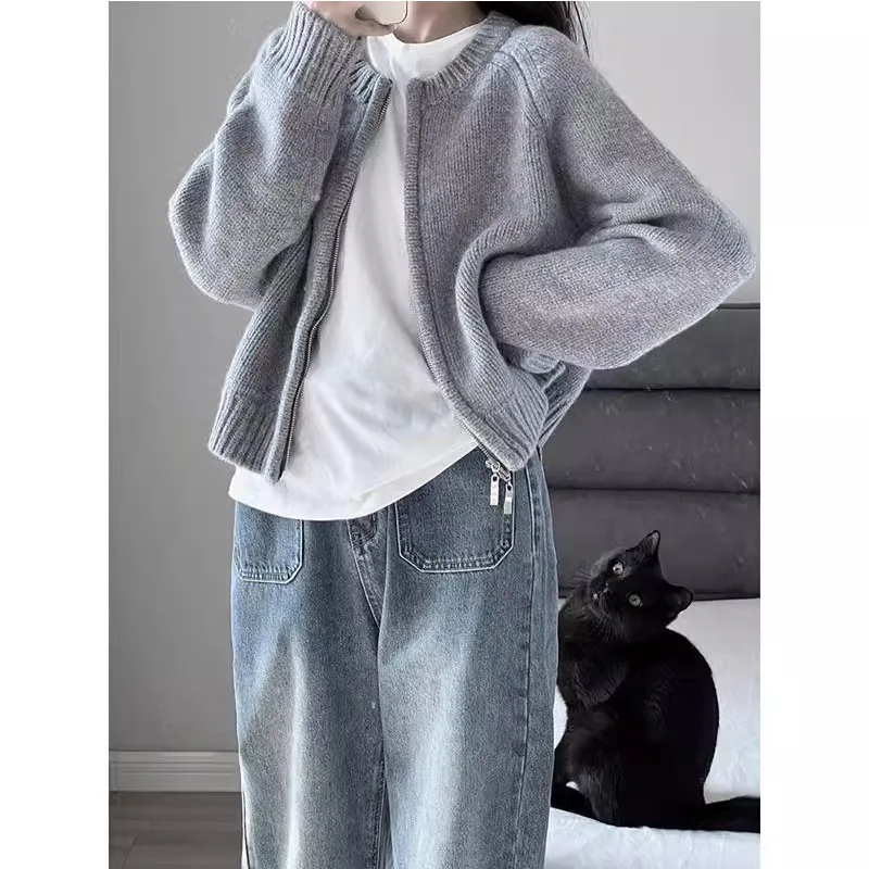 Zipper Cardigan Long Sleeved Knitted Top Loose Thickened Grey Cropped Sweater Coat Women's Clothing Autumn Winter Round Neck Top