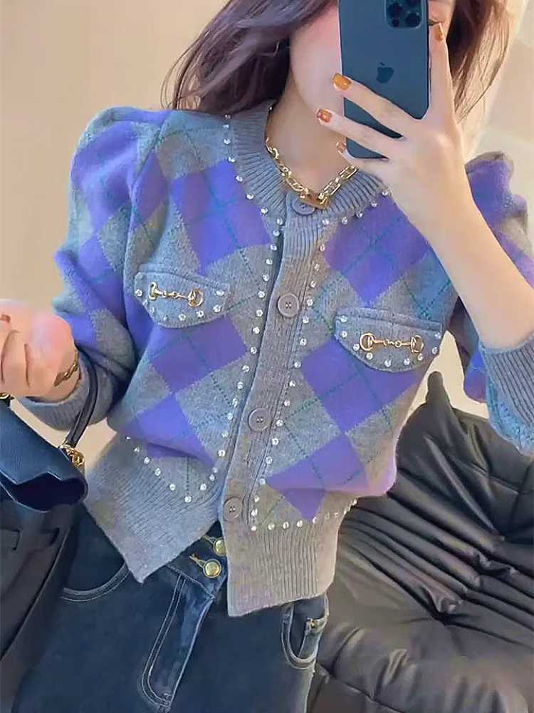 

2024 New Women Purple Argyle Knitted Sweater Long Puff Sleeve Single Breasted Cardigan High-end Korean Girl Fashion Short Tops