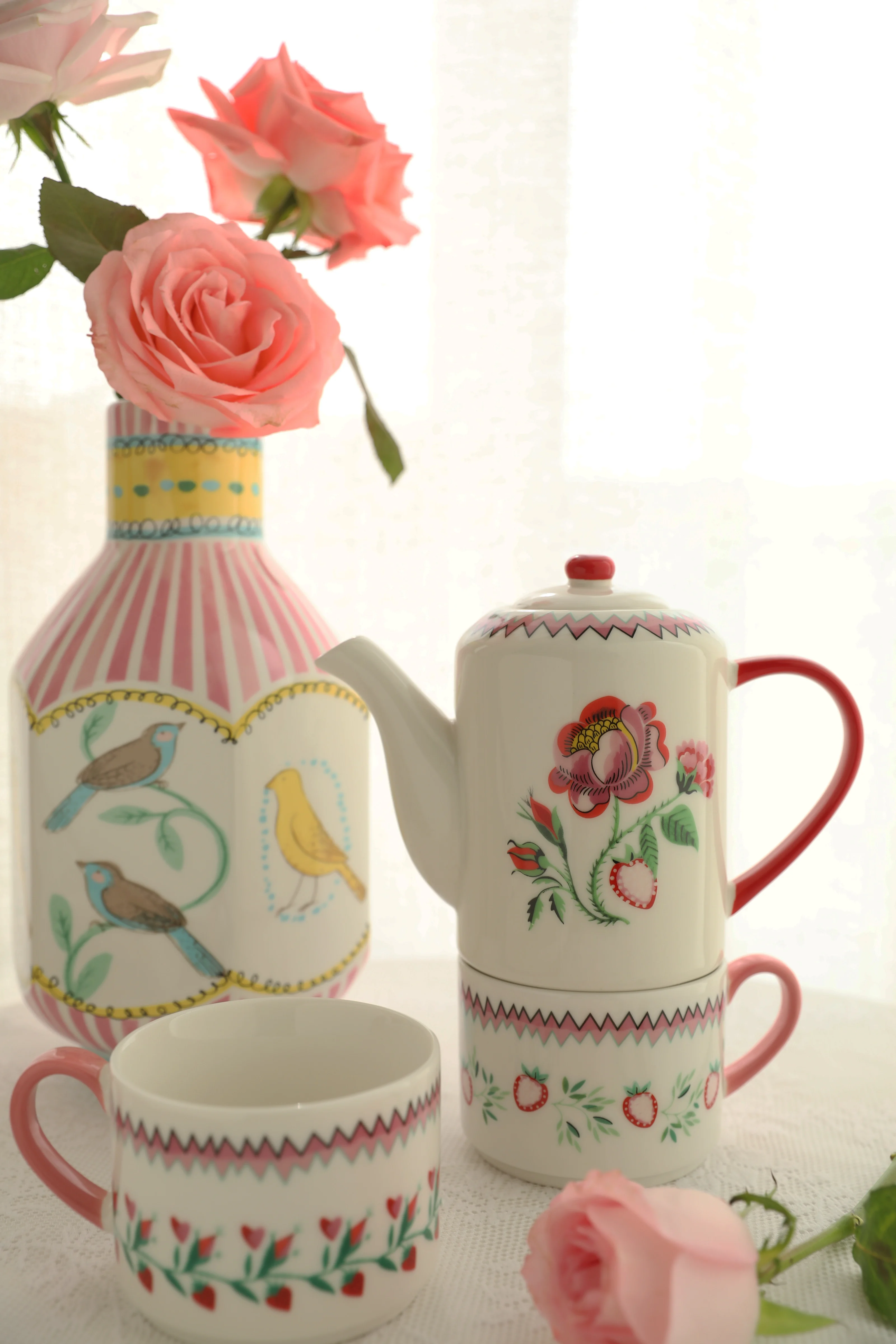 

True Love Rose, Mother and Child Ceramic Flower Teapot Three-piece Set