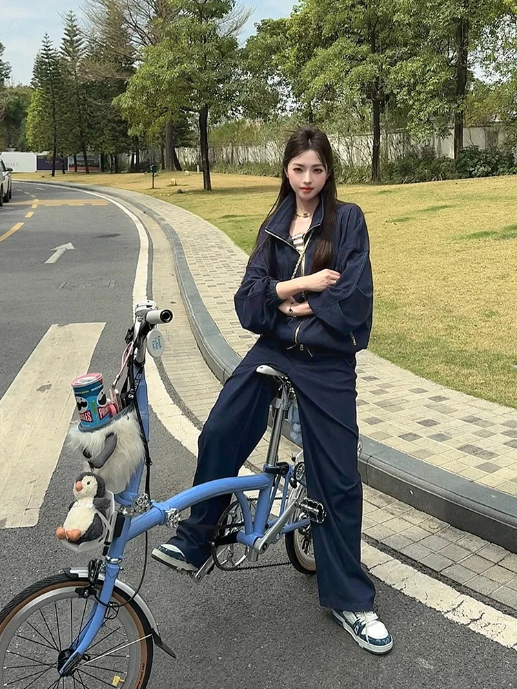 

TUNT Casual Fashionable Denim Inspired Set Loose Fit Sporty Leisure Women's Long Sleeve Zipper Closure Cotton Spring Autumn