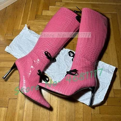 Pink Crocodile Bowknot Boots Girl's Lovely Spring New In Pointed Toe Knee High Boots Hot Street Style Large Size Women Shoes