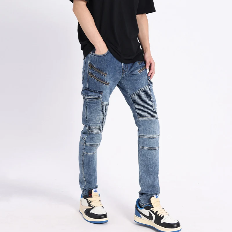 Street Fashion Men Jeans Retro Blue Spliced Patched Elastic Slim Fit Biker Jeans Men Zipper Designer Hip Hop Cargo Pants Hombre