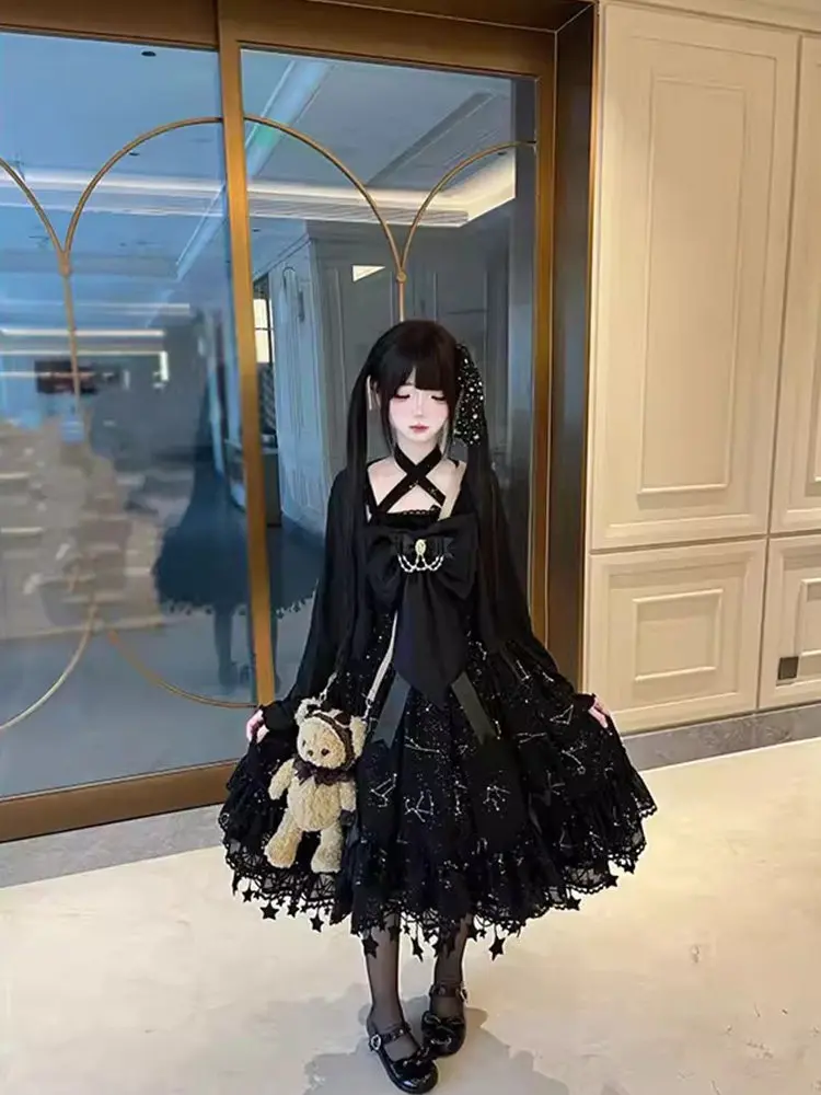 Vestido gótico estilo Lolita para mujer, con encaje negro, lazo y volantes, falda tipo mono, estilo oscuro, ideal para cosplay, fiestas, sesiones de fotos de Halloween y disfraces.