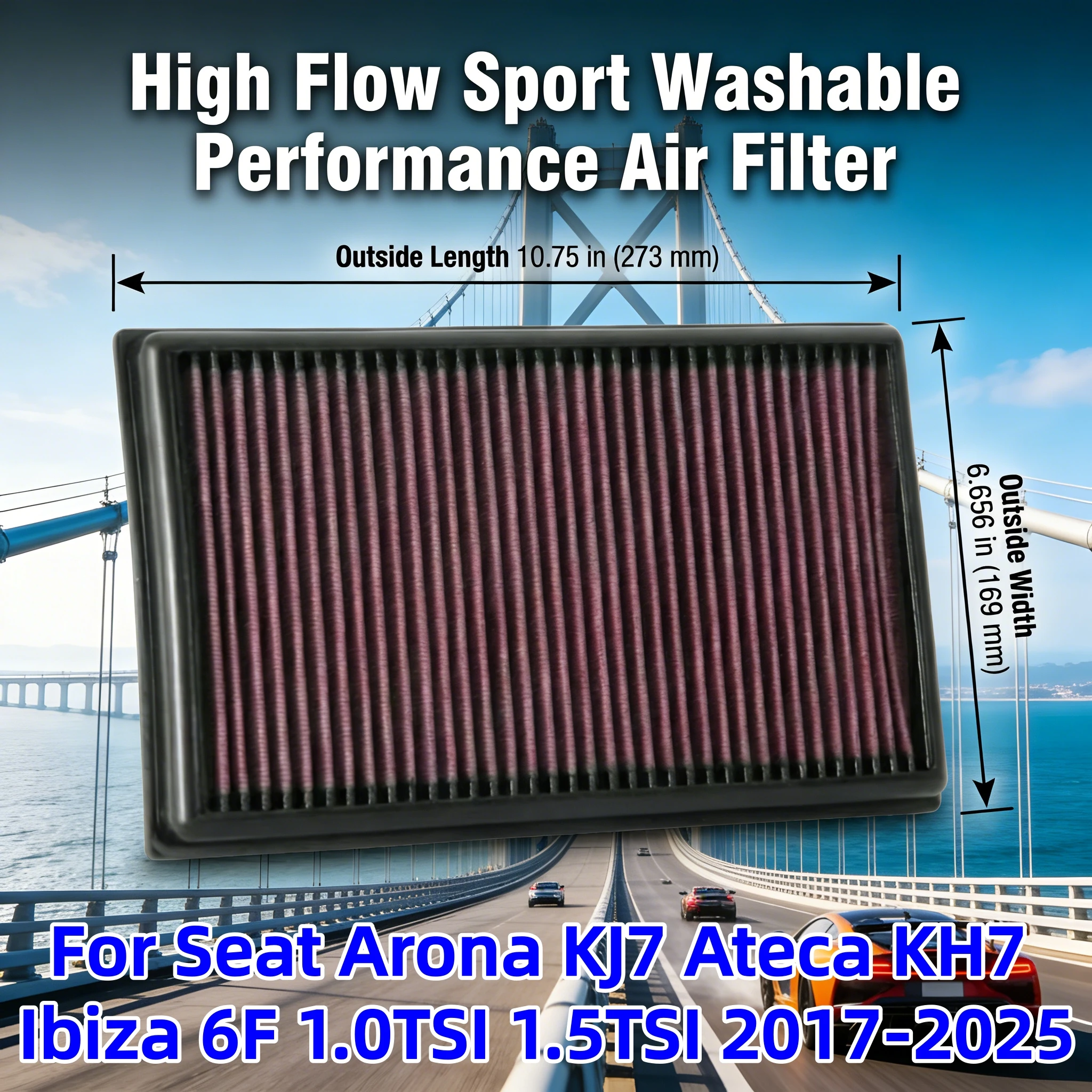 

For Seat Arona KJ7 Ateca KH7 Ibiza 6F 1.0TSI 1.5TSI 2017-2025 High Flow Sport Washable Panel Air Filter Replacement 33-3111