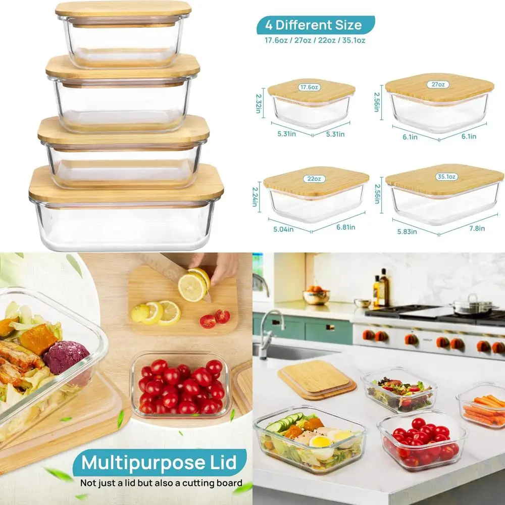 

4-Piece Glass Meal Prep Containers with Bamboo Lids - Microwave, Oven, Freezer, Dishwasher Safe - BPA-Free