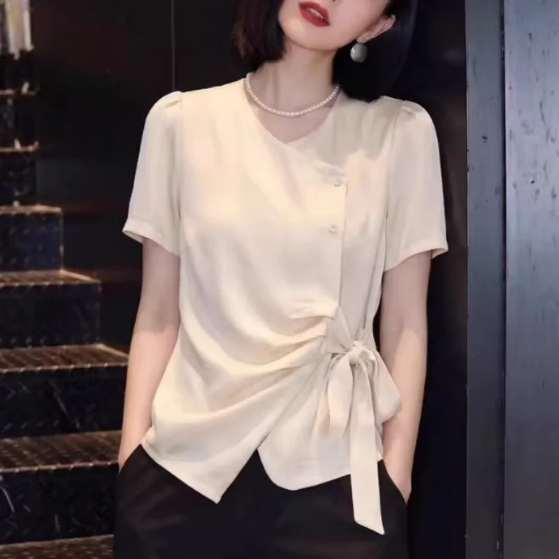 Women Irregular V Neck Satin Top Side Tie Knot Short Sleeve Slim Elegant Commuter Blouse Tops