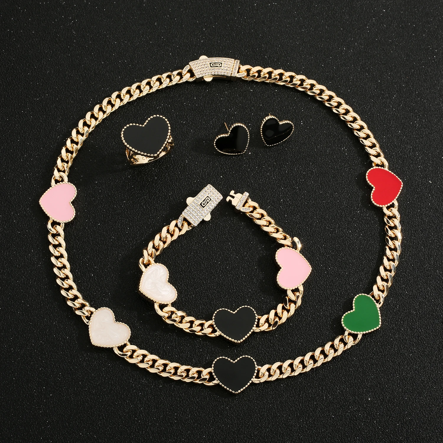 Popular colorful necklace bracelet ring earrings four-piece set copper material suitable for friends to send support wholesale