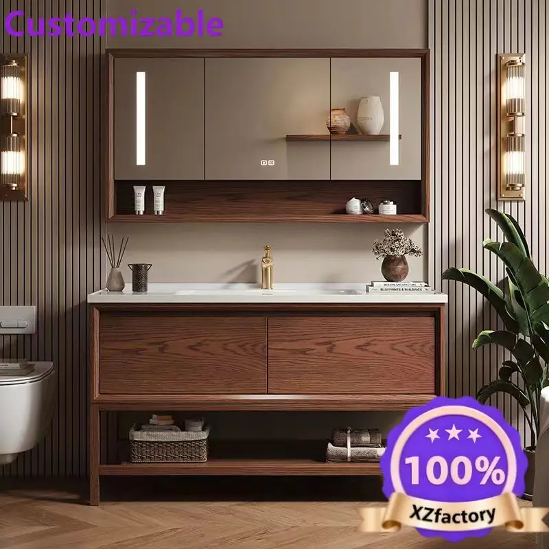 Factory Direct 2026 Chinese floor-to-ceiling red oak ceramic integrated wash basin bathroom cabinet combination bathroom washbas