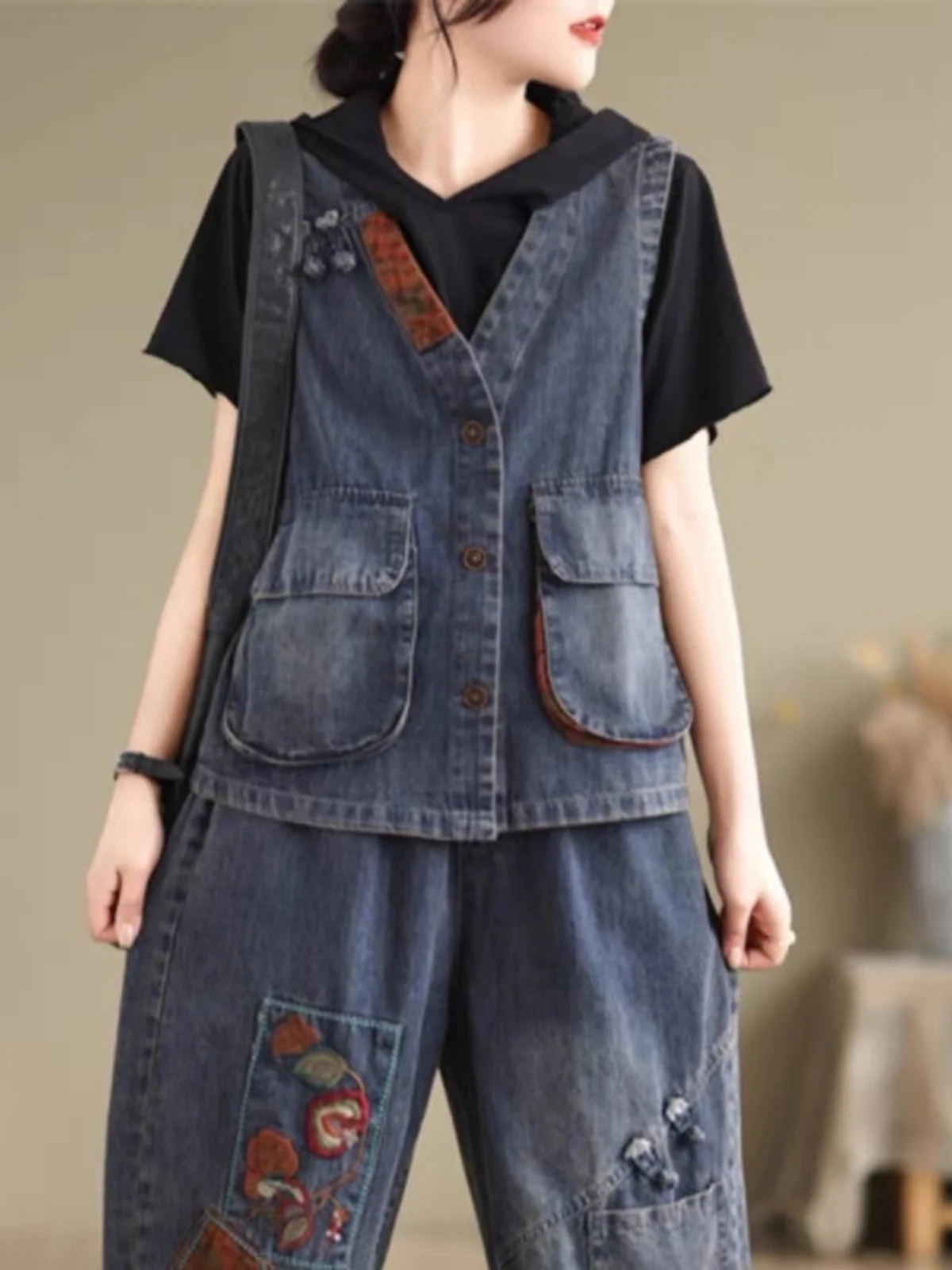 

Retro Faionable Denim Vest Women's V-Ne Button Embroidered Casual Top Simple Sle Spring Summer New Arrival