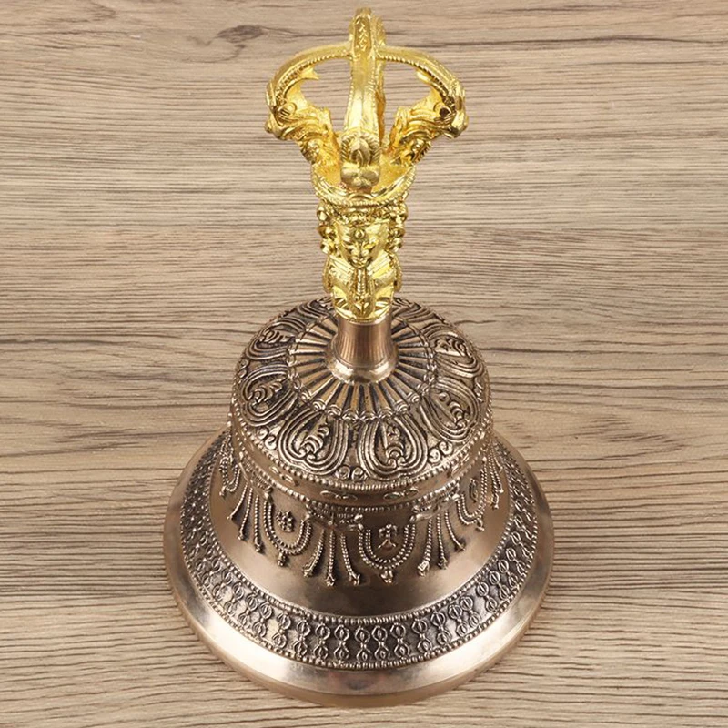 10cm Large Tibetan Bells Gold Nepal Handmade Carved Brass Vajra Bell Pestle Buddhism Meditation Chimes Sound Healing Ornaments