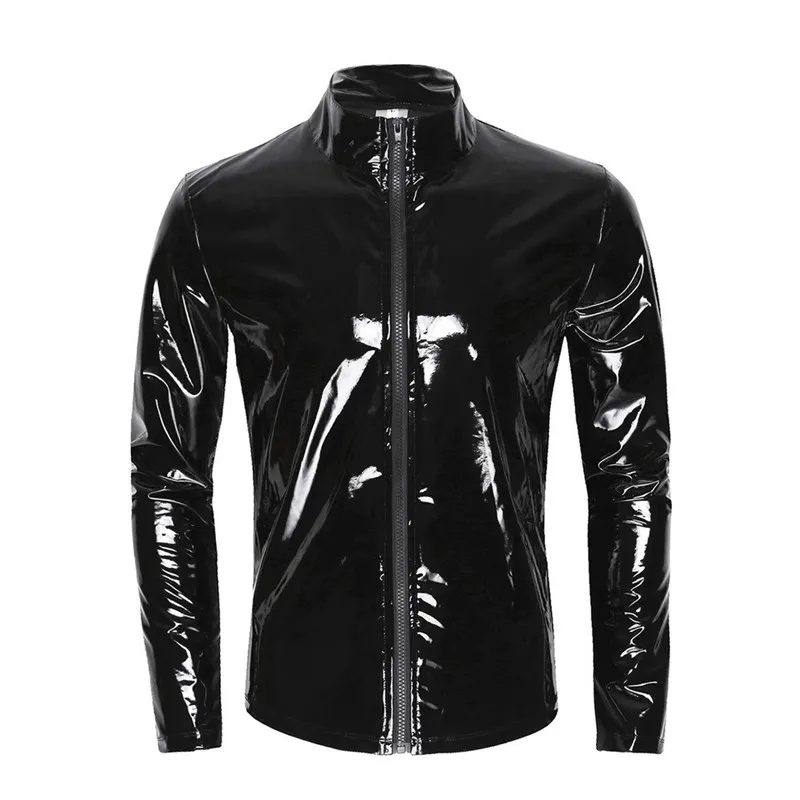 S to 7XL Mens Sexy Shiny Patent Leather Tee Shirt Top Long Sleeve Plus Size Zipper Stand Collar Moto Biker Jacket Tops Outerwear