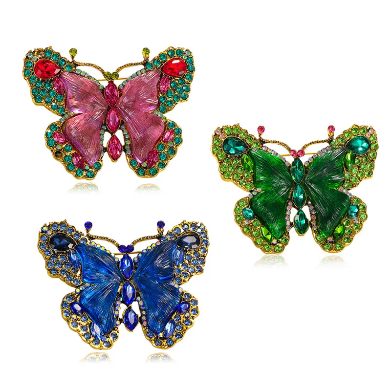 Vintage crystal large butterfly brooch fashion animal insect pins antique high-grade hobnail clothes bags hats Prick horse pins