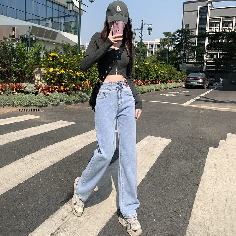Retro até o chão perna reta duplo breasted jeans para mulher 2025 outono nova cintura alta emagrecimento solto calças de perna larga para wom