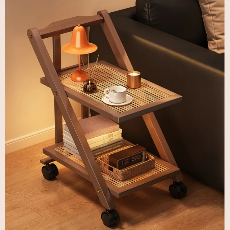 #￥2 Layers Foldable Bedside Table Storage Rack with Wheel Sofa Side Bookcase Floor-Standing Bedroom Movable Snack Push Cart