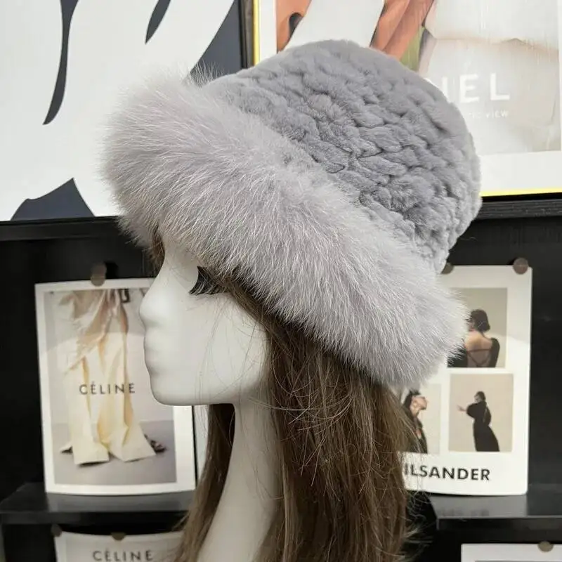 Fur Hat Winter Real Rex Rabbit Fur Hat With Fox Fur Edge Warm Fisherman Hat Luxury Knitted Natural Fur Caps Russians Outdoor Hat