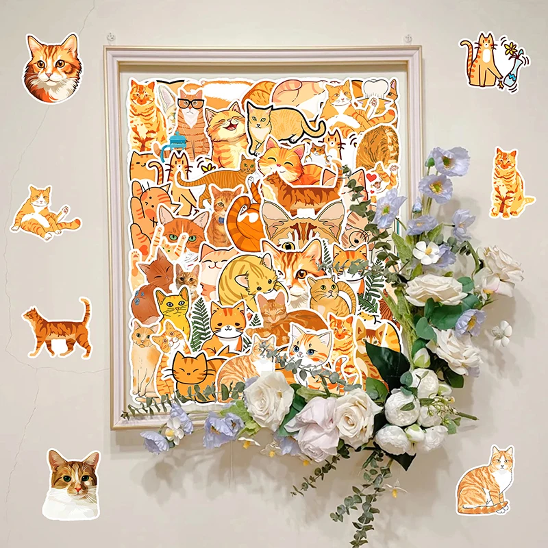 50Pcs Orange Cat Series Cartoon Cute Waterproof Sticker Skateboarding Snowboard Retro Vinyl home decal Sticker