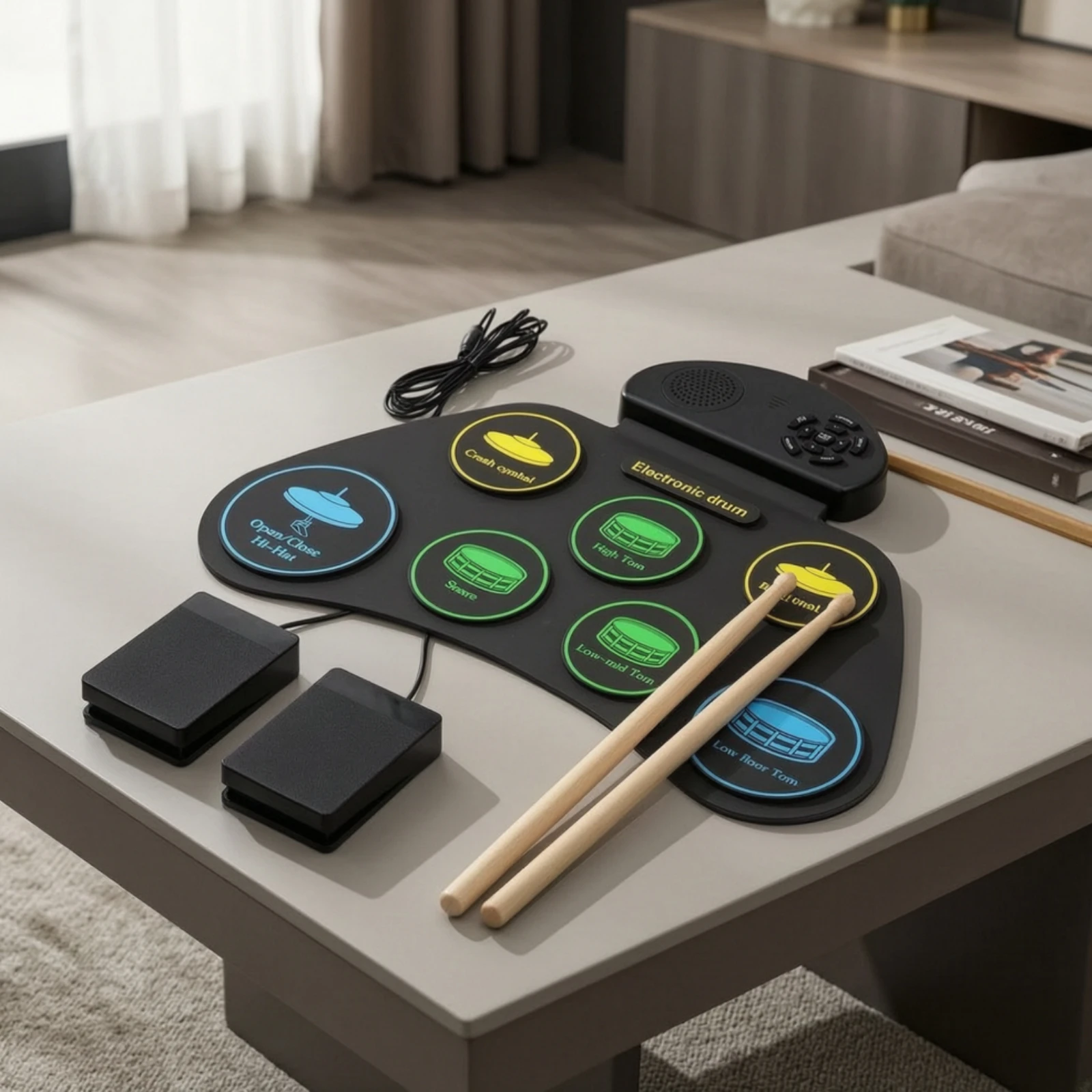 Electronic Drum Pad with Pedals Compact Electronic Tabletop Drum Set Space-Saving for Beginners, Home Practice, Music Lessons