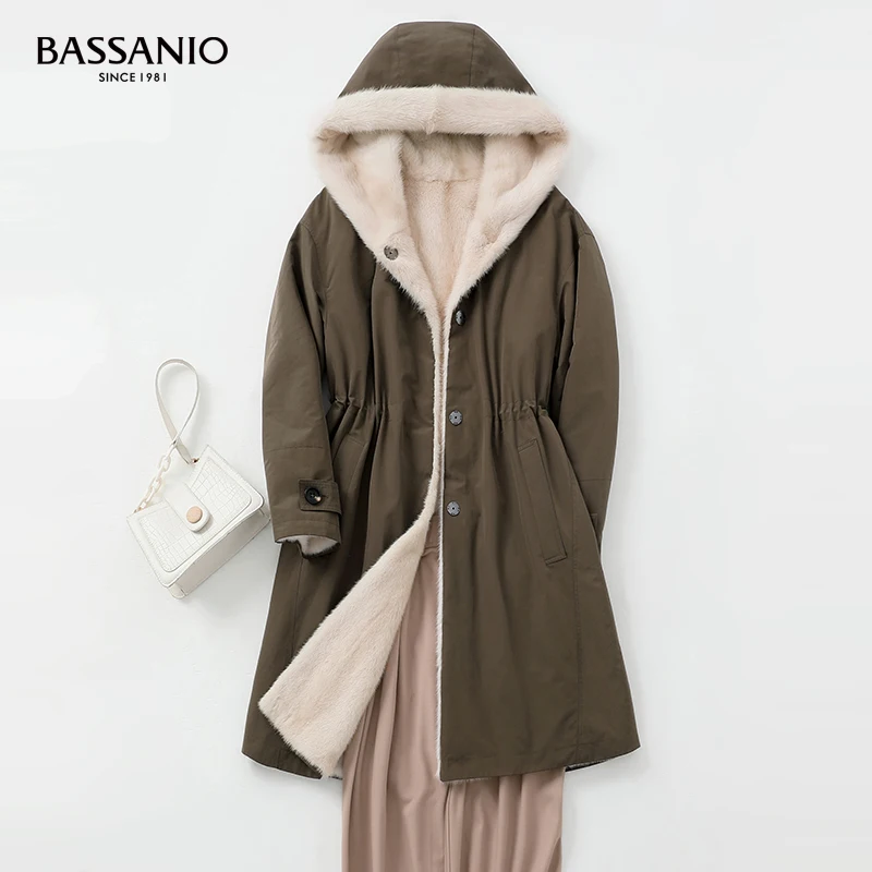 Fashion Long Natural Mink Fur Reversible Coats Drawcord At Waist Women Winter Warm Hooded Outwear