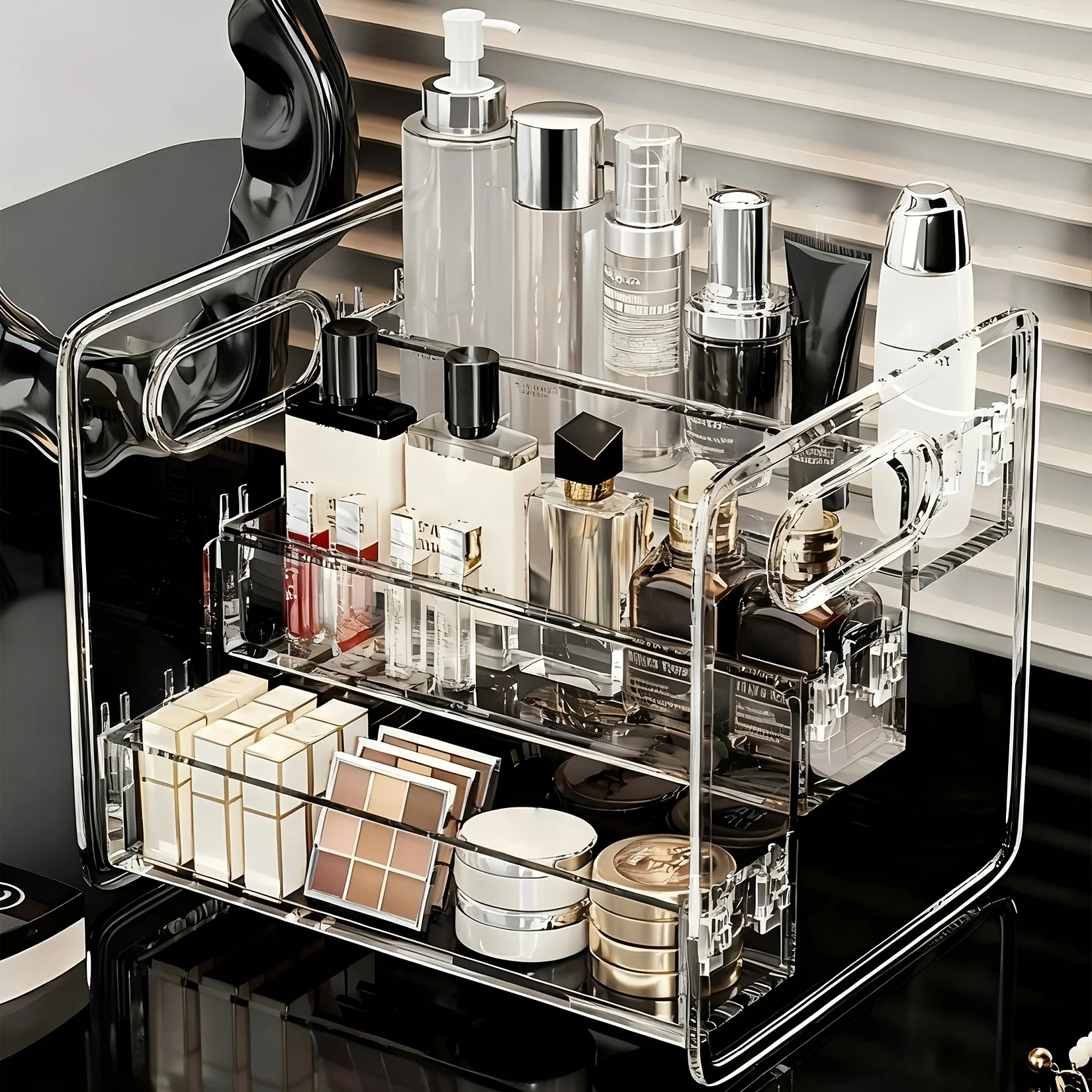 3 Tier Clear Countertop Organizer for Makeup,Perfume and Skincare,Transparent Plastic Stepped Storage Shelf with Handles,Adjustable Snap Together Rack,See Through Vitamin Medicine Supplement Holder for Bathroom
