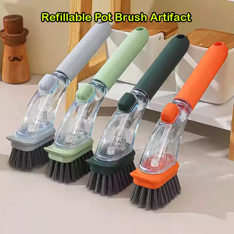 

Refillable Liquid Cleaning Brush Kitchen Bowl Scrubber Cleaning Sponge Long Handle Dispenser Cleaner Tool Pot Brush Artifact